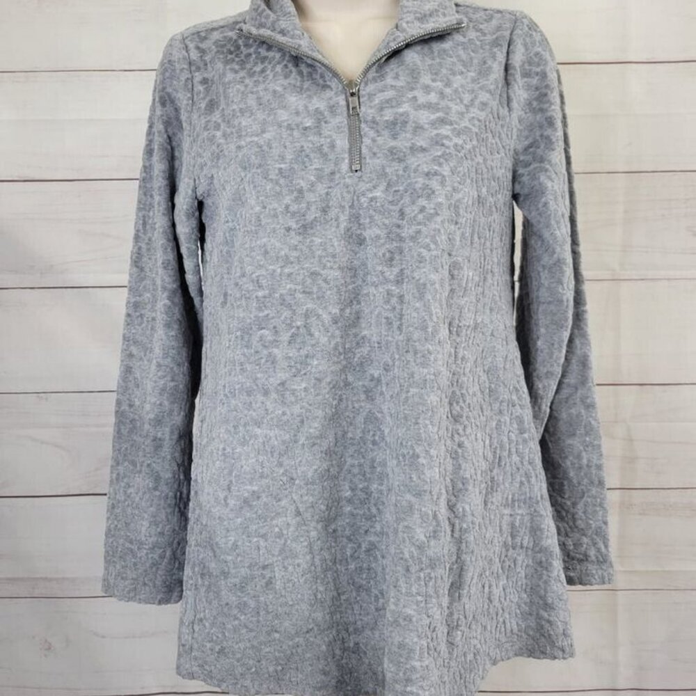 Susan Graver Weekend Burnout Jacquard Knit Half-Zip Top GRAY NWOT SIZE M